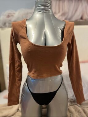 aerie Rust Brown Long Sleeve Scoop-Neck Crop Top